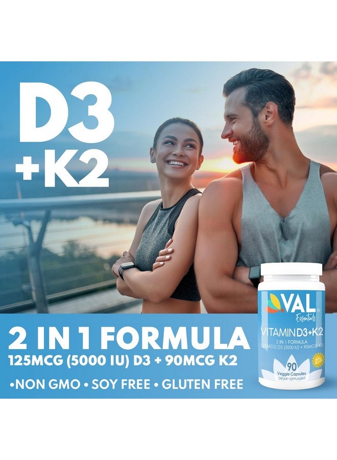 VAL Essentials Vitamin K2 + D3 Supplement - High Potency 5000 IU D3 & 90 mcg K2 MK-7, Non-GMO, Easy to Swallow Vitamin D & K Complex, 90 Vegetarian Capsules - Image 4