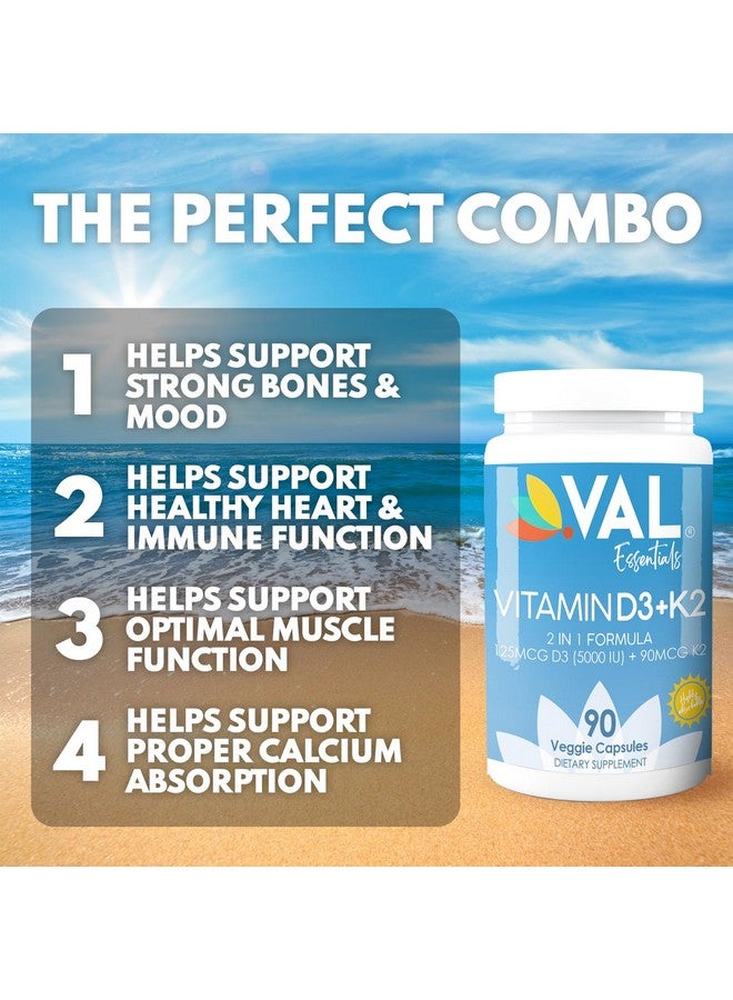 VAL Essentials Vitamin K2 + D3 Supplement - High Potency 5000 IU D3 & 90 mcg K2 MK-7, Non-GMO, Easy to Swallow Vitamin D & K Complex, 90 Vegetarian Capsules - Image 2