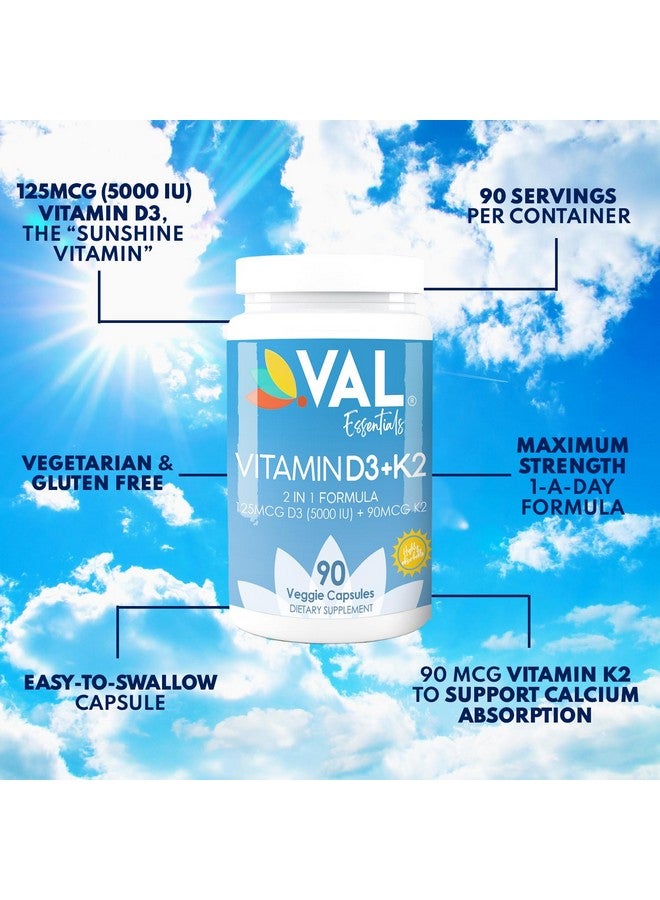VAL Essentials Vitamin K2 + D3 Supplement - High Potency 5000 IU D3 & 90 mcg K2 MK-7, Non-GMO, Easy to Swallow Vitamin D & K Complex, 90 Vegetarian Capsules - Image 3