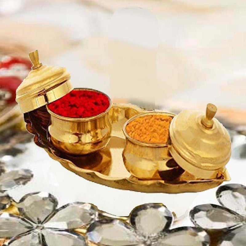 Stotram Brass Boat Kuyri for Haldi Kumkum 2 dabbi with lid and Attached with Thali Brass Kankavati for puja Home Temple Karanda 2mug Small - Image 2