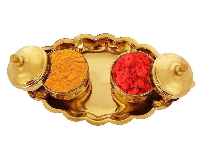 Stotram Brass Boat Kuyri for Haldi Kumkum 2 dabbi with lid and Attached with Thali Brass Kankavati for puja Home Temple Karanda 2mug Small - Image 3