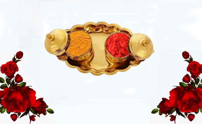 Stotram Brass Boat Kuyri for Haldi Kumkum 2 dabbi with lid and Attached with Thali Brass Kankavati for puja Home Temple Karanda 2mug Small - Image 5
