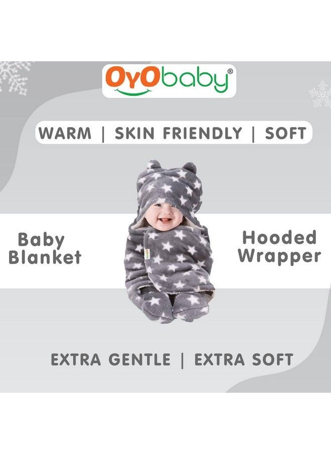 OYO BABY - 3 In 1 Hooded Baby Blanket Wrapper (Star Grey And Blue) Towel For Boy And Girl ; All Season Soft Swaddle ; 0 6 Months ; Nursing Baby Gifts ;Sleeping Bag ; Bath Robe - Image 1