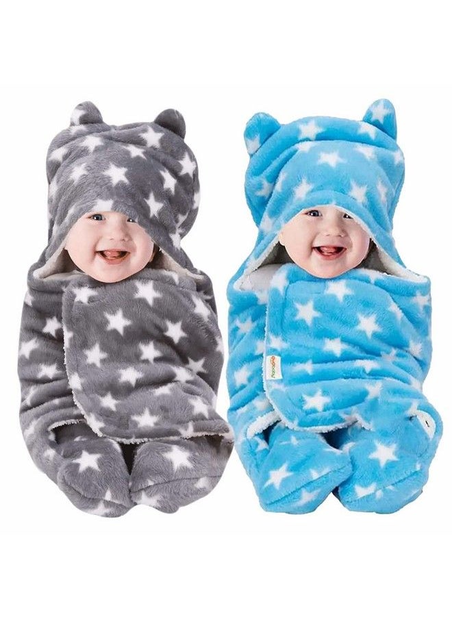 OYO BABY - 3 In 1 Hooded Baby Blanket Wrapper (Star Grey And Blue) Towel For Boy And Girl ; All Season Soft Swaddle ; 0 6 Months ; Nursing Baby Gifts ;Sleeping Bag ; Bath Robe - Image 1