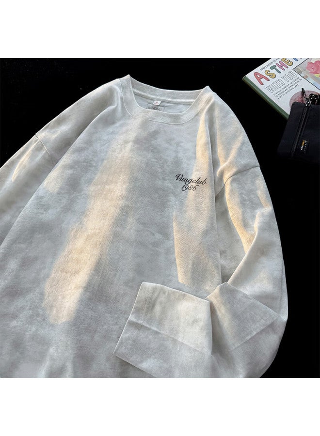Vuug American Style Tie-dye Long Sleeve T-shirt Men Pure Cotton Vintage Washed Distressed Dirty Look Autumn T-shirt S White - Image 1