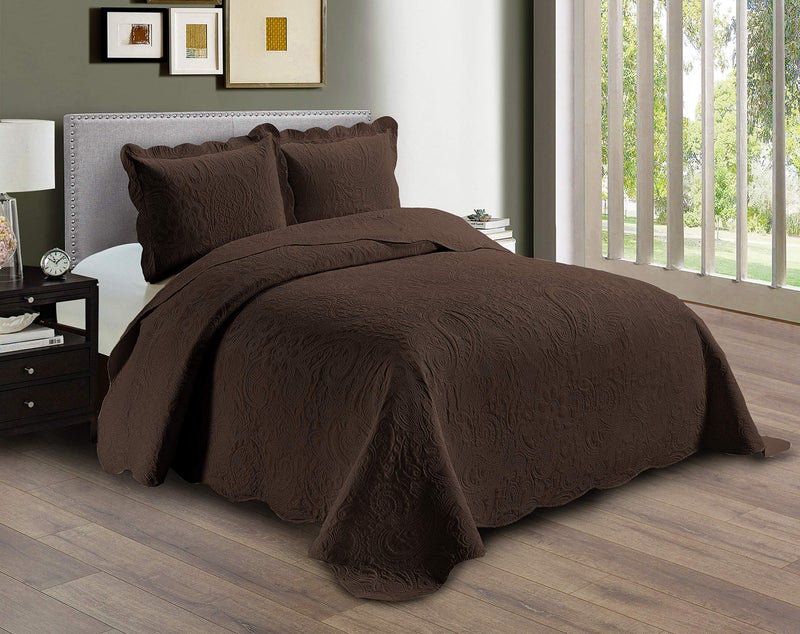 Linen Plus Embossed Coverlet Bedspread Set Oversized Solid Coffee FullQueen Bed Cover Bedding New  Dana