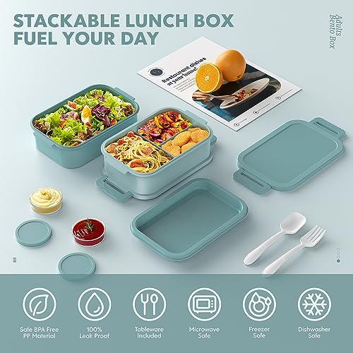 Jelife Bento Box Adult Lunch Box - 72oz Stackable Bento Lunch Box for Adults, 3 Layers All-in-One Large Bento Box Leak-Proof Lunchbox with Utensil Sauce Dressing Containers for Dining Out,Work, Green - Image 3