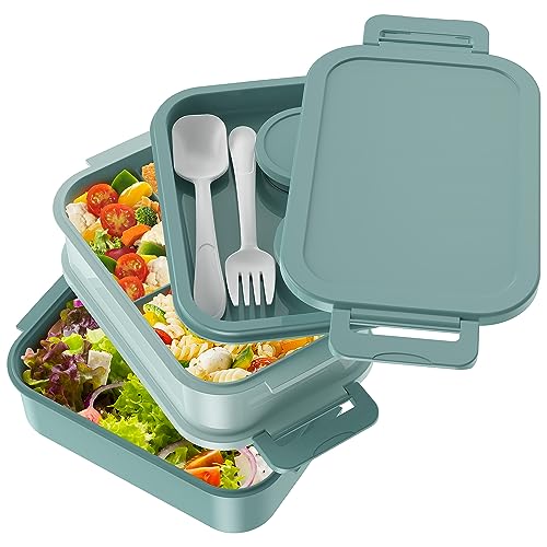 Jelife Bento Box Adult Lunch Box - 72oz Stackable Bento Lunch Box for Adults, 3 Layers All-in-One Large Bento Box Leak-Proof Lunchbox with Utensil Sauce Dressing Containers for Dining Out,Work, Green - Image 2