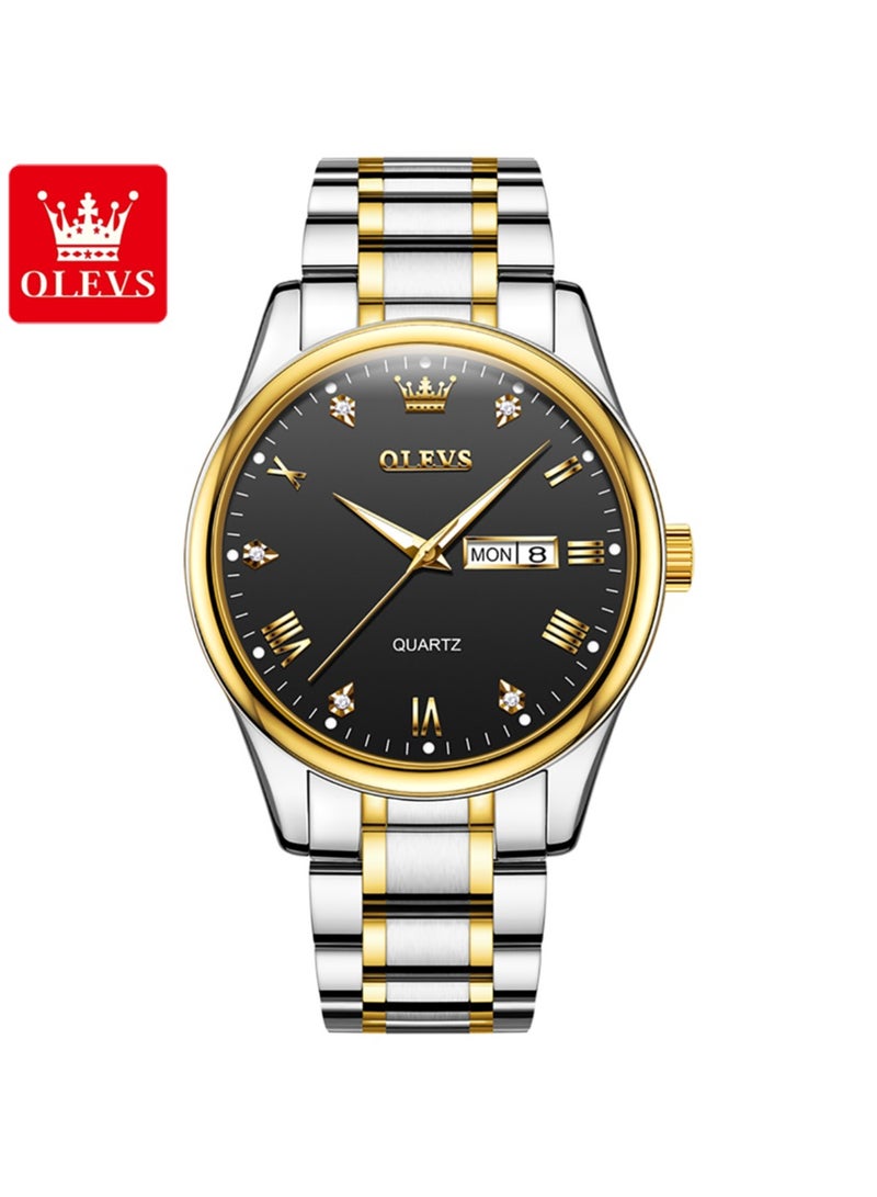 أوليفز ساعة رجالية من OLEVS – كوارتز مرصعة بالألماس، سوار فولاذي ثنائي اللون، قرص أسود