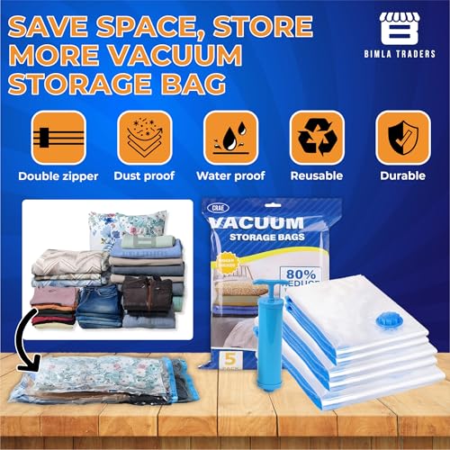 Crae Vacuum Storage Bags for Travel,Space Saver Compression Storage Bags for Packing | Airtight Reusable Ziplock with Hand Pump |(2 Piece 50X70,2 Piece 60X80,1 Piece 80X100,1 Hand Pump) 5 Piece Set - Image 2