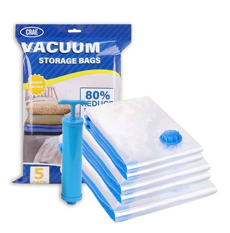 Crae Vacuum Storage Bags for Travel,Space Saver Compression Storage Bags for Packing | Airtight Reusable Ziplock with Hand Pump |(2 Piece 50X70,2 Piece 60X80,1 Piece 80X100,1 Hand Pump) 5 Piece Set - Image 1