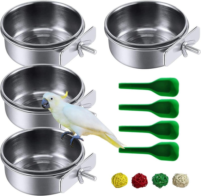 kathson 4 Pcs Stainless Steel Bird Feeding Bowl,Parrot Feeder Dish Cups Birds Cage Water Food Bowls Coop Cup with Clamp Holder for Parrots Cockatiel Budgies Parakeet Lovebird(L) - Image 1