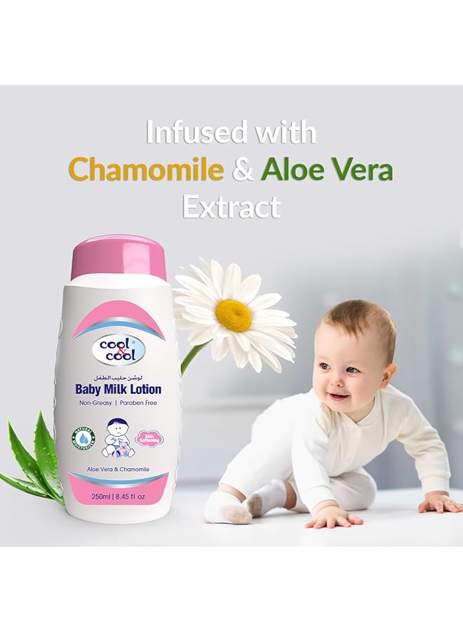 Cool & Cool Baby Milk Lotion 250Ml Skin Softening Non Greasy Paraben Free Vitamin E Aloe Vera & Chamomile Extract With Extra Mild Formula - Image 3