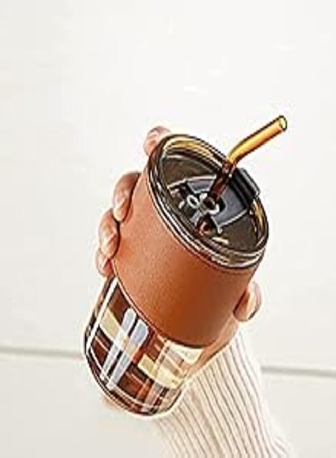 Brown voix glass tumbler mug with lid, glass straw and protective anti-skid leather sleeve for hot and cold beverages tea coffee smoothies fruit juice travel mug