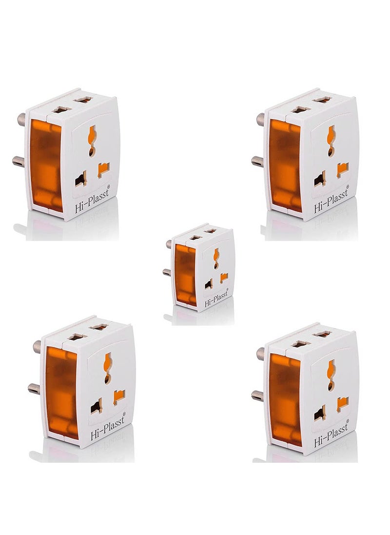 HI PLASST PINS N PLUGS HiPlasst Pack of 5 Universal 3Pin Multi Plug with Type D Socket 2X 2Pin 1x 3Pin Outlets USUKEU to India Travel Converter Plug 6A for International Devices White Orange  - Image 1