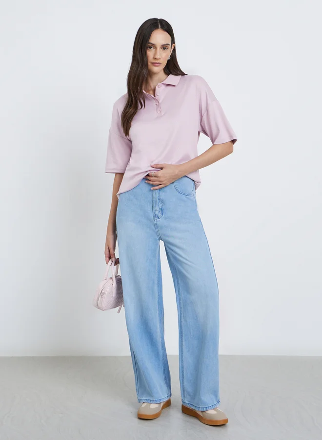 Styli Styli Pink Knitted Polo T-Shirt