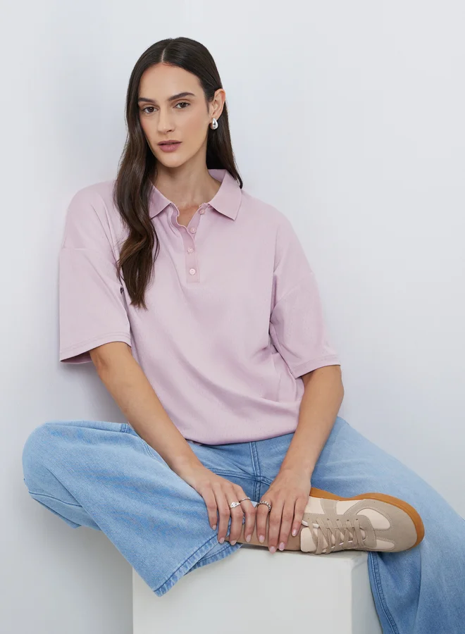Styli Styli Pink Knitted Polo T-Shirt