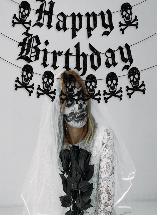Difuento Gothic Happy Birthday Banner Black Glitter Old English Skull Garland Funny Funeral Birthday Banner for Scream Party,20th 30th 40th Birthday,Gothic Birthday Decorations,Halloween Party - Image 5