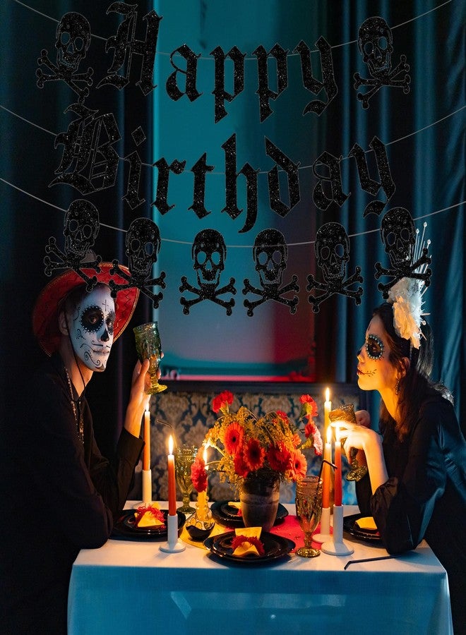 Difuento Gothic Happy Birthday Banner Black Glitter Old English Skull Garland Funny Funeral Birthday Banner for Scream Party,20th 30th 40th Birthday,Gothic Birthday Decorations,Halloween Party - Image 4