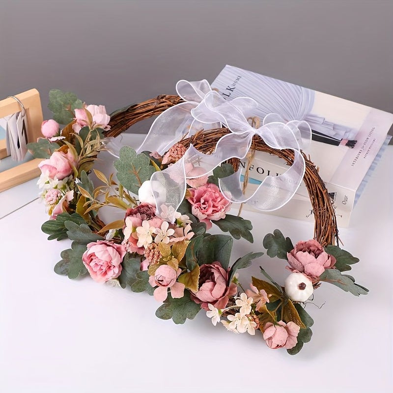 Red Orange Artificial Floral Wreath With Green Leaves For Fall Wedding Home Decor - Image 5