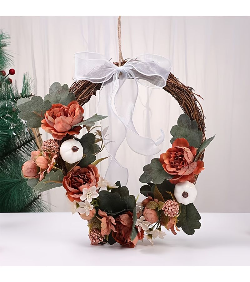 Red Orange Artificial Floral Wreath With Green Leaves For Fall Wedding Home Decor - Image 4