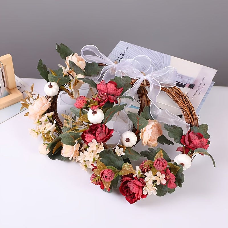 Red Orange Artificial Floral Wreath With Green Leaves For Fall Wedding Home Decor - Image 2