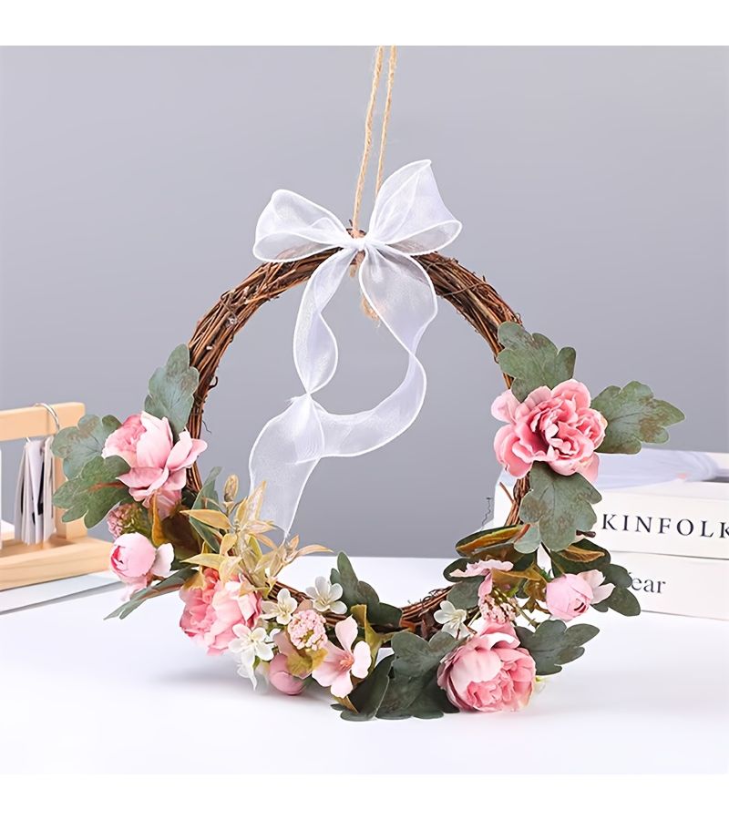 Red Orange Artificial Floral Wreath With Green Leaves For Fall Wedding Home Decor - Image 1