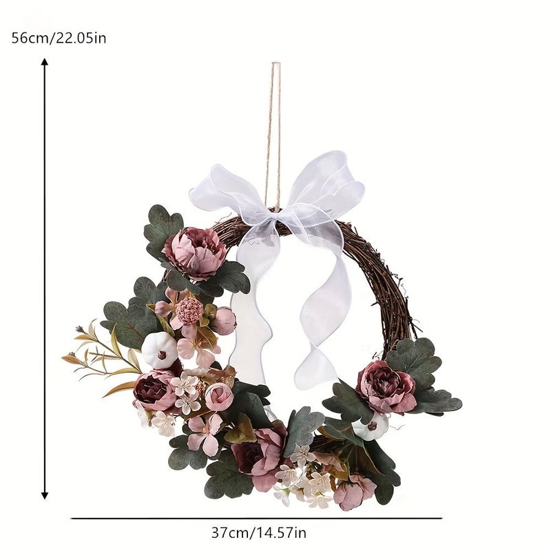 Red Orange Artificial Floral Wreath With Green Leaves For Fall Wedding Home Decor - Image 3