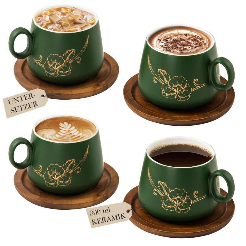 Yundu 10oz Cappuccino Cups & Wooden Saucers Set with Gold Floral Art, Latte Art Cup for Espresso, Coffee & Tea, Modern Matte Green Ceramic Tea Cup Set of 4 - Image 1