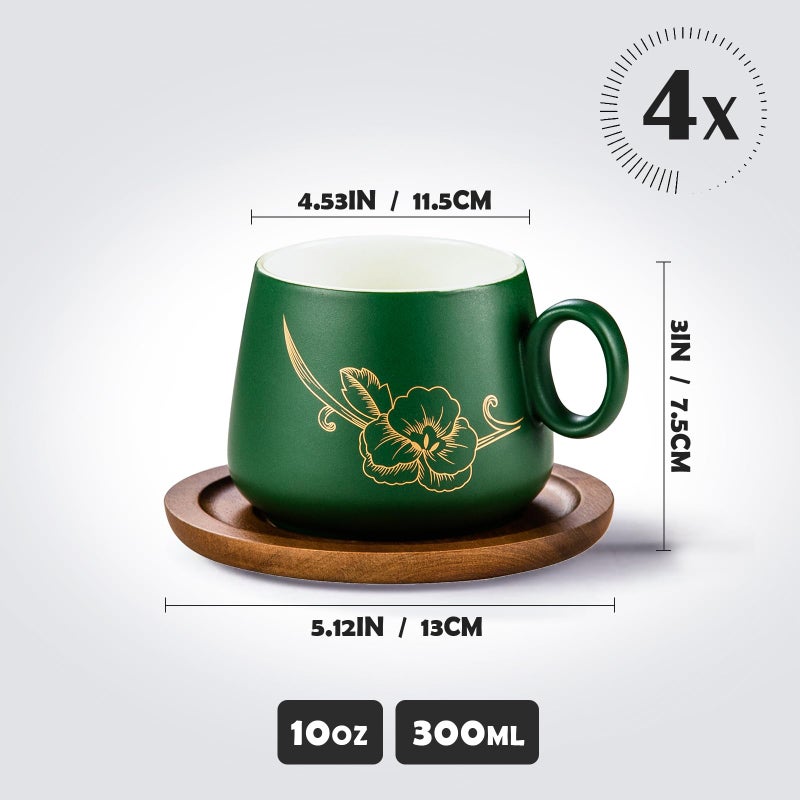 Yundu 10oz Cappuccino Cups & Wooden Saucers Set with Gold Floral Art, Latte Art Cup for Espresso, Coffee & Tea, Modern Matte Green Ceramic Tea Cup Set of 4 - Image 2