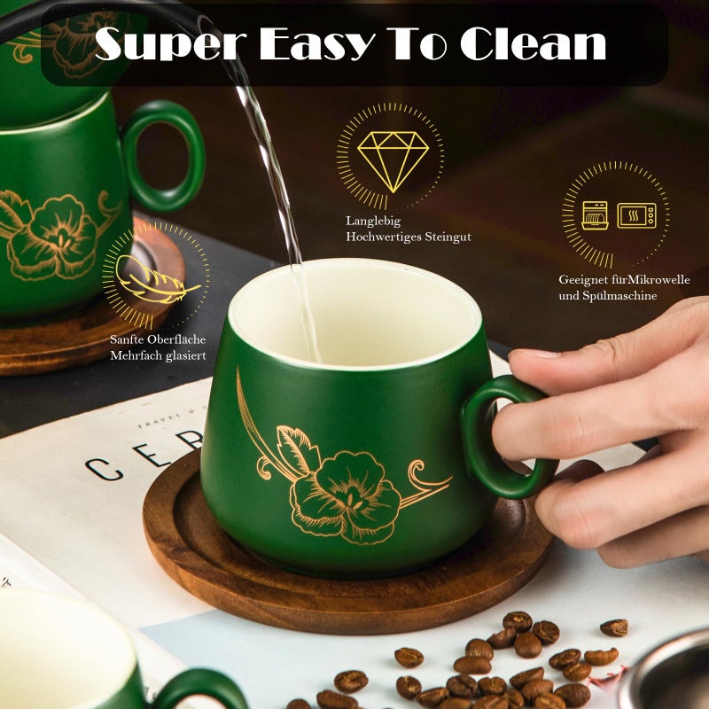 Yundu 10oz Cappuccino Cups & Wooden Saucers Set with Gold Floral Art, Latte Art Cup for Espresso, Coffee & Tea, Modern Matte Green Ceramic Tea Cup Set of 4 - Image 4