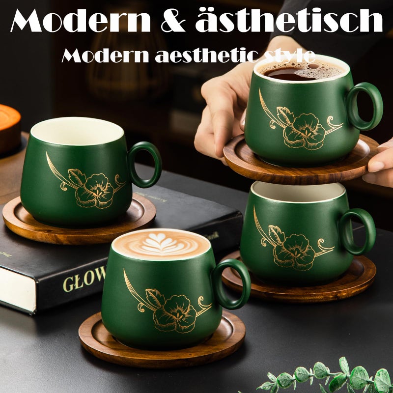 Yundu 10oz Cappuccino Cups & Wooden Saucers Set with Gold Floral Art, Latte Art Cup for Espresso, Coffee & Tea, Modern Matte Green Ceramic Tea Cup Set of 4 - Image 5