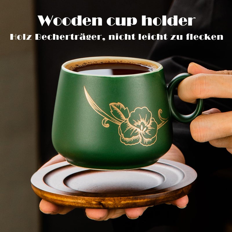 Yundu 10oz Cappuccino Cups & Wooden Saucers Set with Gold Floral Art, Latte Art Cup for Espresso, Coffee & Tea, Modern Matte Green Ceramic Tea Cup Set of 4 - Image 3