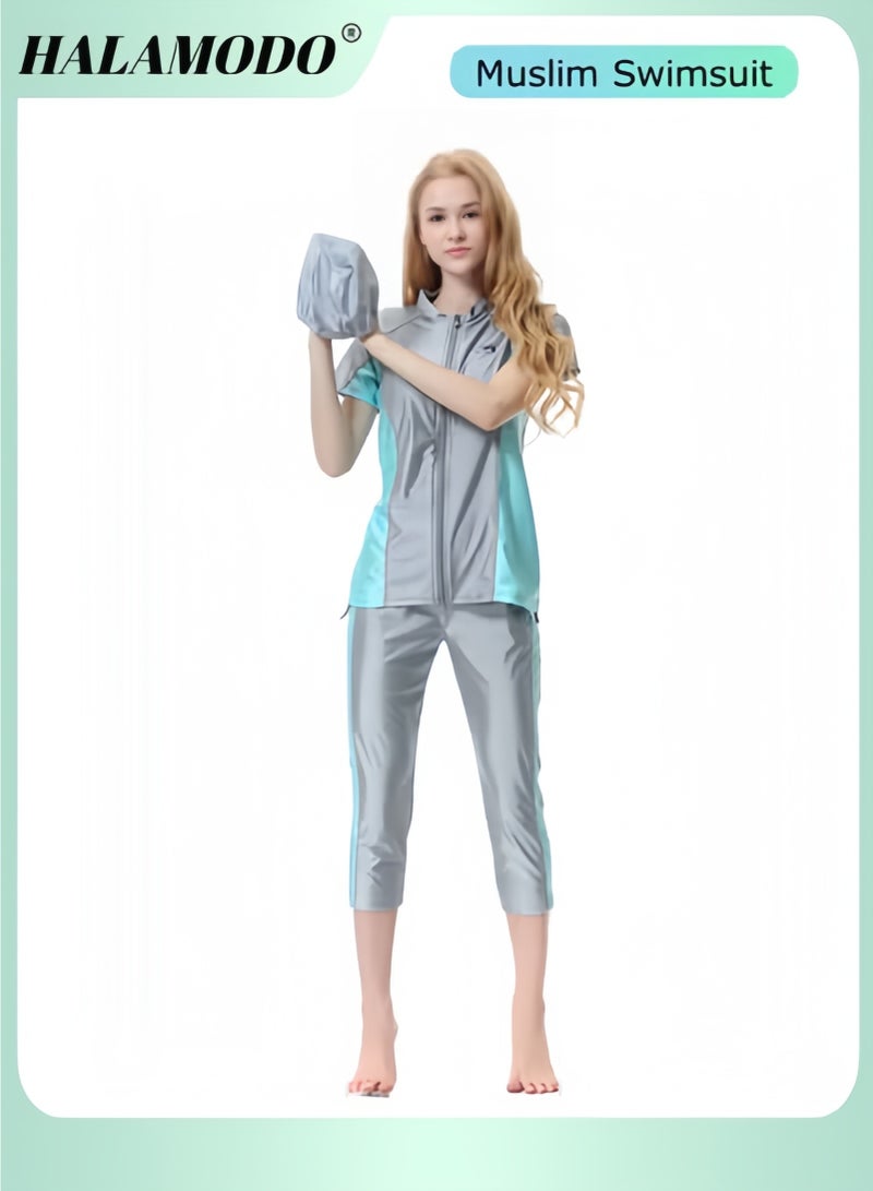 HALAMODO Women Modest Muslim Swimsuit, Short Sleeves Swimsuits, Muslim Beachwear, Swimming Swim Suit - Image 1