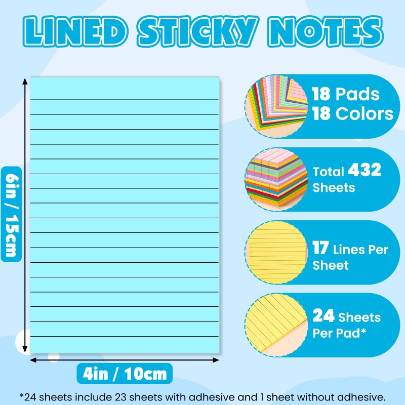 NUITPY 18 Pads Lined Sticky Notes, 18 Colors 4in x 6in Self Stick Note Pads, Strong Adhesive Sticky Note with Lines, Large Sticky Notes for School, Home, Office, 24 Sheets/Pad - Image 2