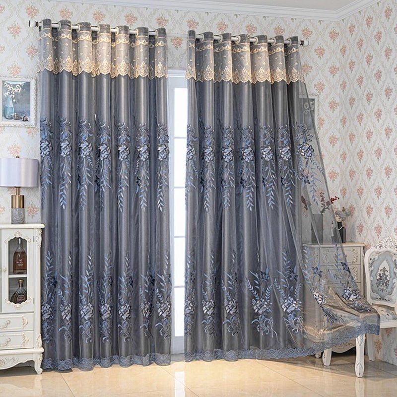 Amidoudou 1 Pair European Double Layer Curtains for Living Room Bedroom Luxury Peacock Flower Embroidered Curtains with Valance (Grey,51x96 Inch) - Image 5