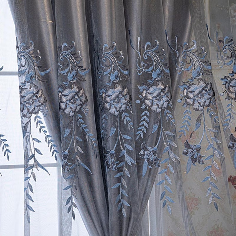 Amidoudou 1 Pair European Double Layer Curtains for Living Room Bedroom Luxury Peacock Flower Embroidered Curtains with Valance (Grey,51x96 Inch) - Image 2