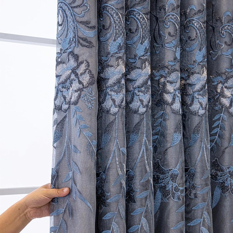 Amidoudou 1 Pair European Double Layer Curtains for Living Room Bedroom Luxury Peacock Flower Embroidered Curtains with Valance (Grey,51x96 Inch) - Image 3