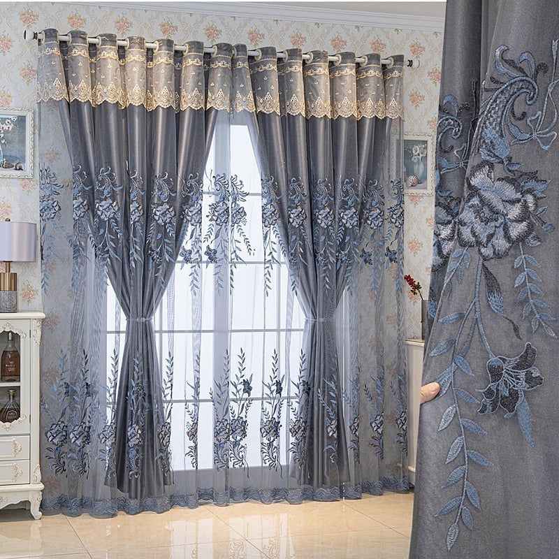 Amidoudou 1 Pair European Double Layer Curtains for Living Room Bedroom Luxury Peacock Flower Embroidered Curtains with Valance (Grey,51x96 Inch) - Image 1
