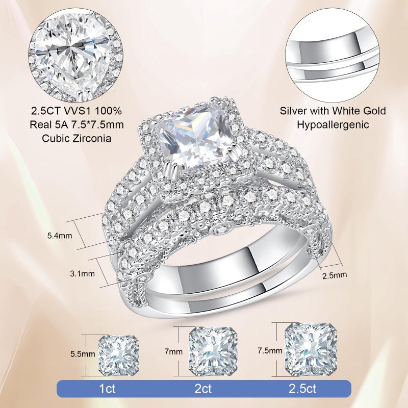 AVECON 5CT Princess Cut Engagement Ring, Promise Wedding Cubic Zirconia White Gold Plated Band Set for Women, Size 6 - Image 3