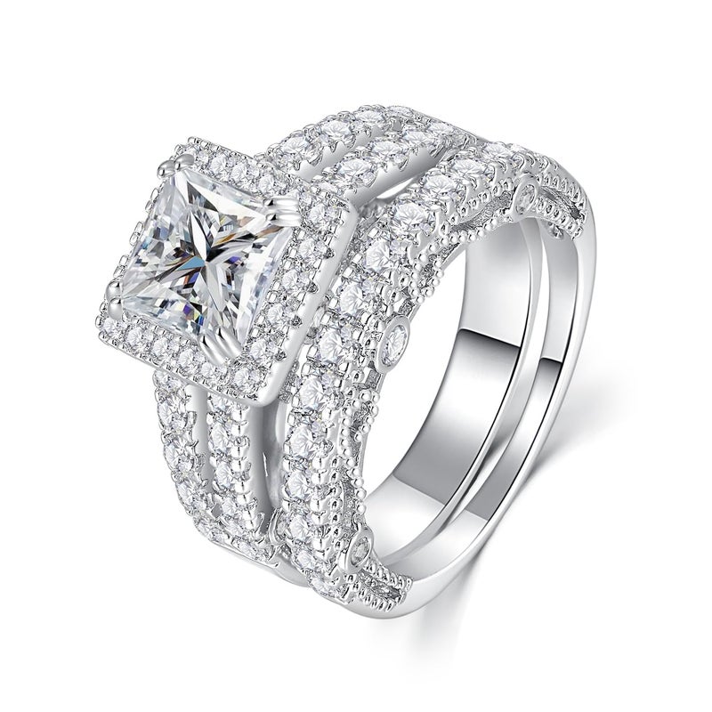 AVECON 5CT Princess Cut Engagement Ring, Promise Wedding Cubic Zirconia White Gold Plated Band Set for Women, Size 6 - Image 1