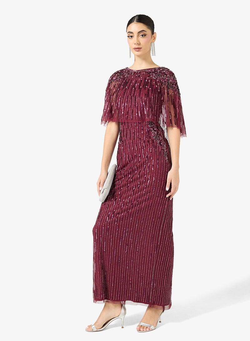 Adrianna Papell Embellished Caped V Neck Maxi Dress - Image 1