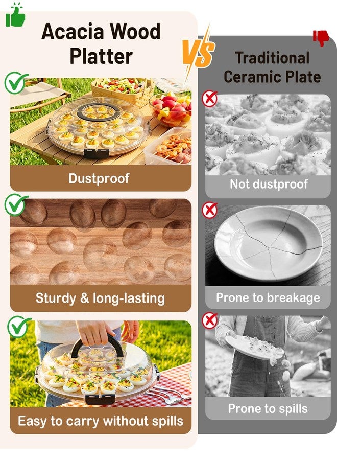 Nuovoware Deviled Egg Containers with Lid, 11.8 x 11.8 Inch Acacia Wood Deviled Egg Platter Tray with 25 Slots and Portable Handles for Home Kitchen Countertop Easter Holiday Party Picnic, Wood - Image 5