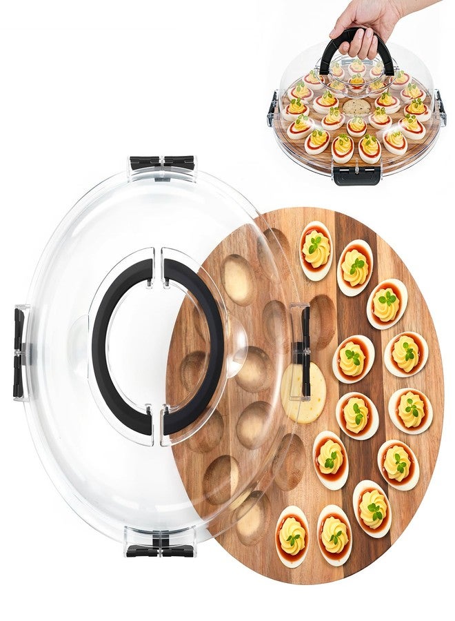 Nuovoware Deviled Egg Containers with Lid, 11.8 x 11.8 Inch Acacia Wood Deviled Egg Platter Tray with 25 Slots and Portable Handles for Home Kitchen Countertop Easter Holiday Party Picnic, Wood - Image 1