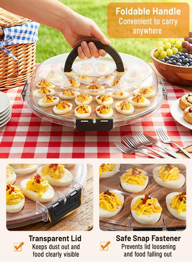 Nuovoware Deviled Egg Containers with Lid, 11.8 x 11.8 Inch Acacia Wood Deviled Egg Platter Tray with 25 Slots and Portable Handles for Home Kitchen Countertop Easter Holiday Party Picnic, Wood - Image 3