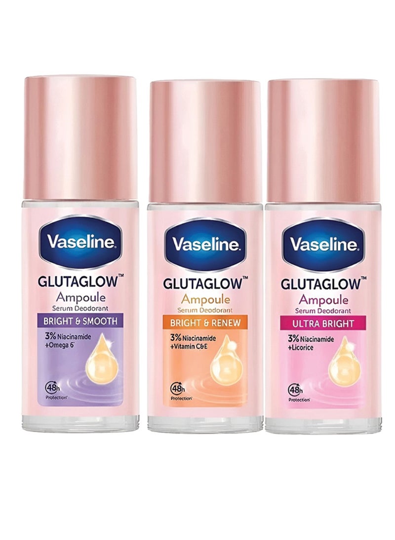 فازلين مجموعة جلوتاجلو مكونة من أمبولات مزيلة للعرق ناعمة ومتجددة وفائقة السطوع، كل منها 45 مل