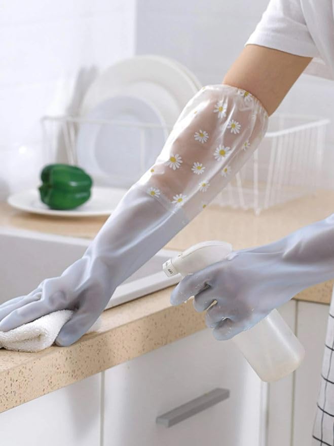Parssufy Polyvinyl Chloride Reusable Heavy Duty Hand Gloves For Dishwashing, Gardening, Kitchen Cleaning Non-Slippery & Durable Long Elbow Length 1 Pair (Grey) - Image 5