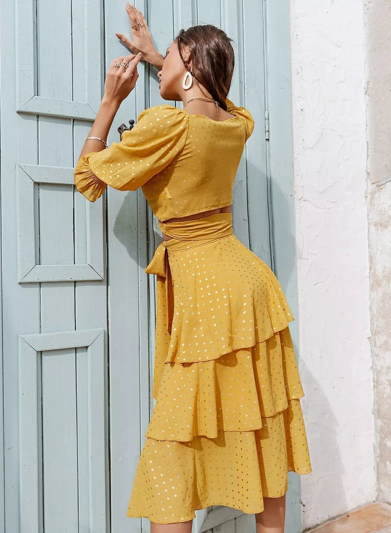 Tie Front Wrap Top & Layered Hem Skirt Set - Image 2