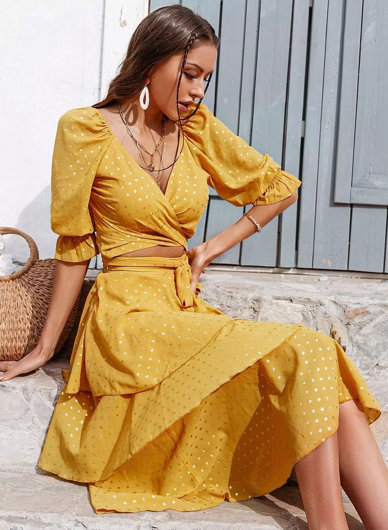 Tie Front Wrap Top & Layered Hem Skirt Set - Image 5