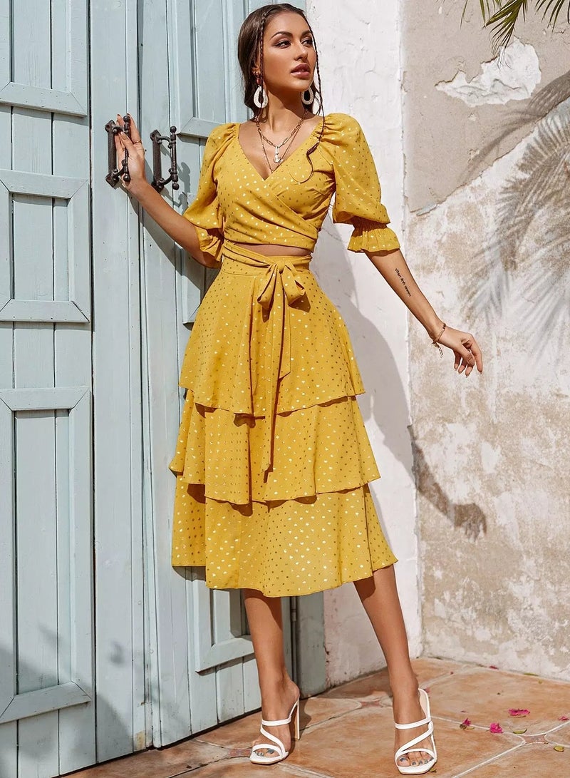 Tie Front Wrap Top & Layered Hem Skirt Set - Image 4